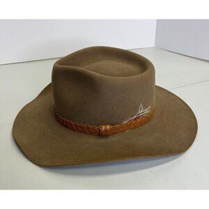 Akubra Hat Snowy River Size 55 Pure Fur Felt Made in Australia Tan Brown Feather